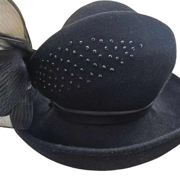 Signature Deborah Black Felt Kettle Brim Hat Sz 22.5" Crinoline Black Rhinestone - Picture 8 of 11